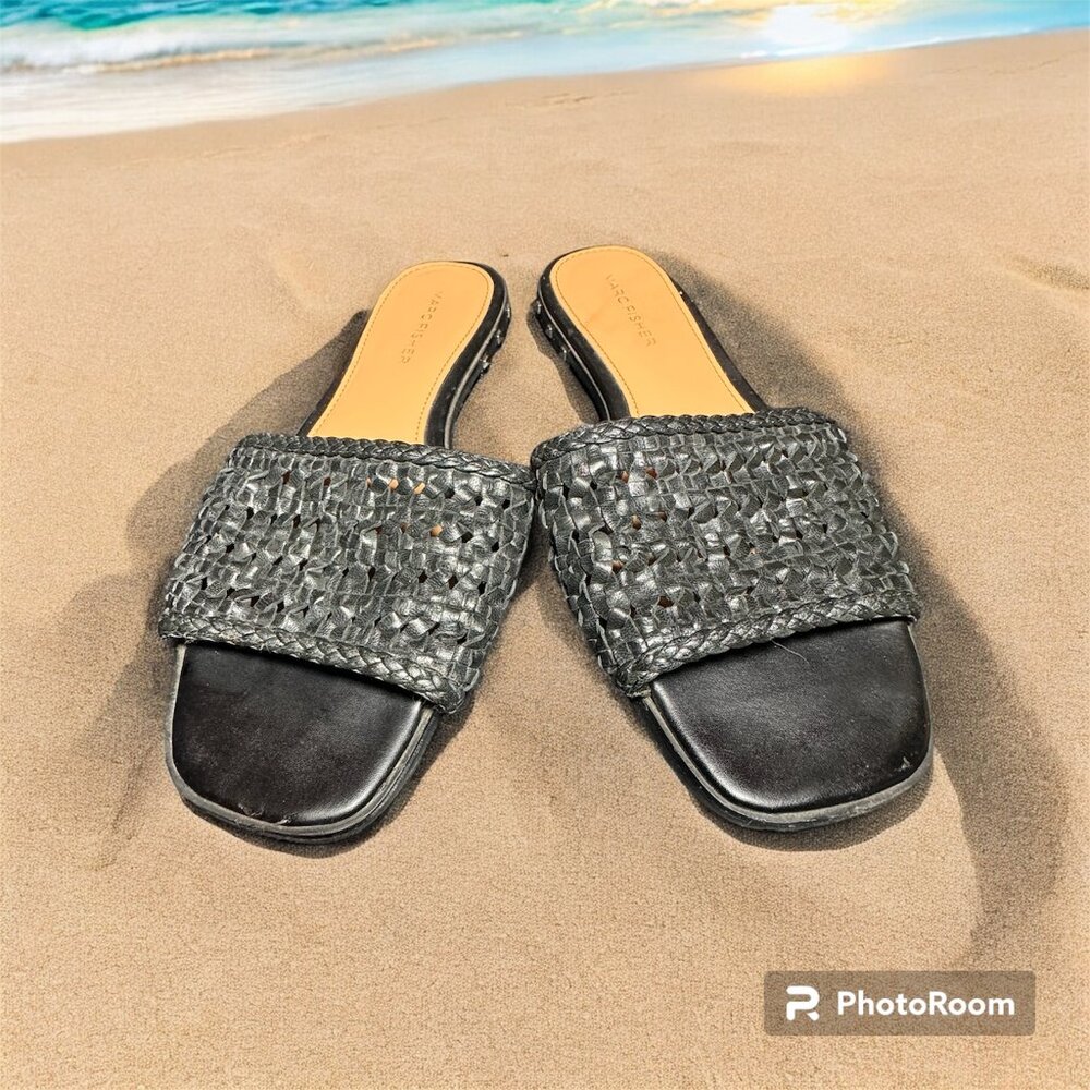 Marc Fisher size 7 black leather flat slipper sandal side stud embellishments